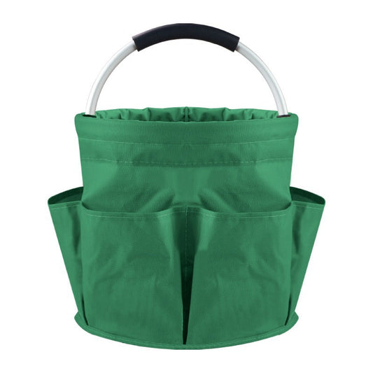 Green Foldable Oxford Cloth Round Picnic Basket with Padded Metal Handle - 6 Pocket Large Capacity Storage Tote for Outdoor Beach and Shopping.