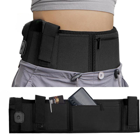 Black Multi-Functional Concealed Tactical Belly Band with Muti-Pouch and Holster - 48 inch Breathable Carry Belt for Outdoor Camping.