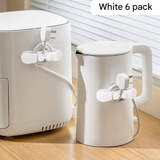 6-Piece White Flexible Silicone Cord Organizer for Curved & Flat Appliance - Drill-Free Tangle-Free Cable Winder & Plug Holder.