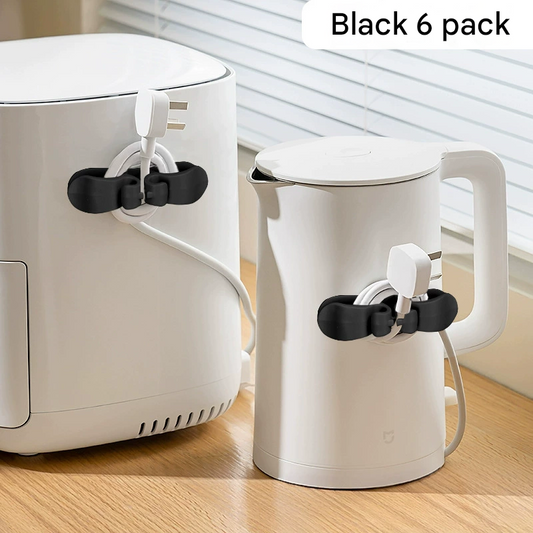 6-Piece Black Flexible Silicone Cord Organizer for Curved & Flat Appliance - Drill-Free Tangle-Free Cable Winder & Plug Holder.