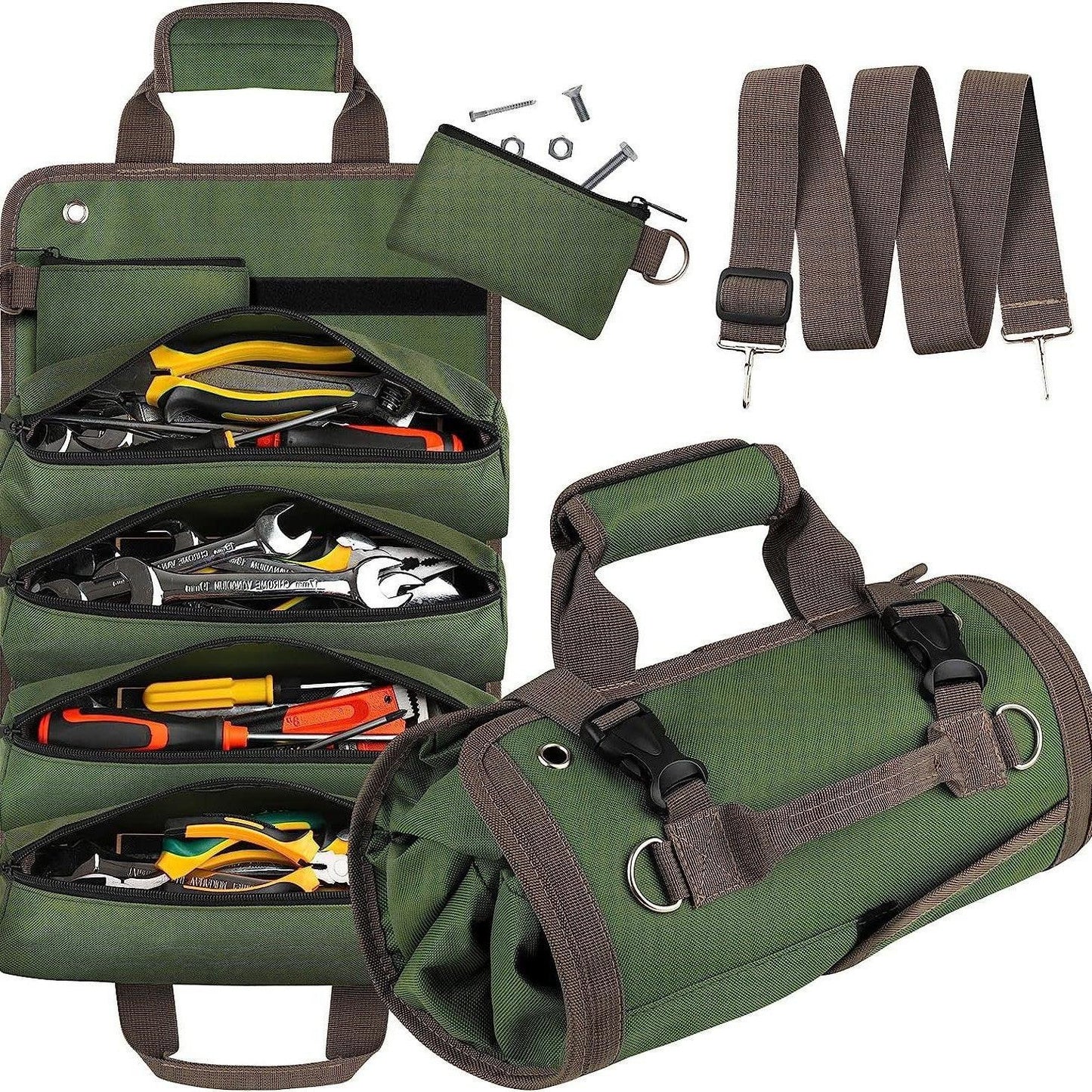 Black Heavy-Duty Oxford Cloth Roll-Up Tool Organizer - Detachable Multi-Purpose Utility Bag for Mechanics, Electricians & Outdoors.