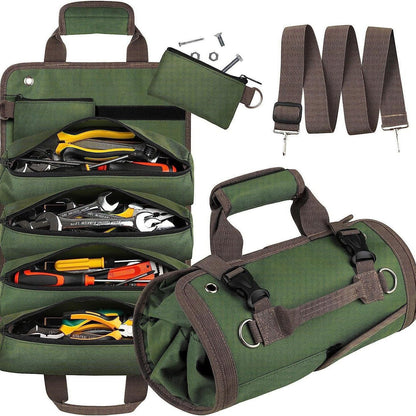 Black Heavy-Duty Oxford Cloth Roll-Up Tool Organizer - Detachable Multi-Purpose Utility Bag for Mechanics, Electricians & Outdoors.