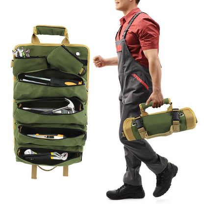 Black Heavy-Duty Oxford Cloth Roll-Up Tool Organizer - Detachable Multi-Purpose Utility Bag for Mechanics, Electricians & Outdoors.