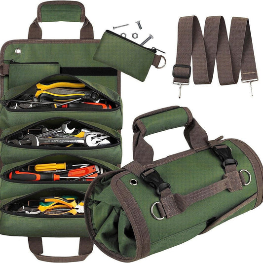 Khaki Heavy-Duty Oxford Cloth Roll-Up Tool Organizer - Detachable Multi-Purpose Utility Bag for Mechanics, Electricians & Outdoors.