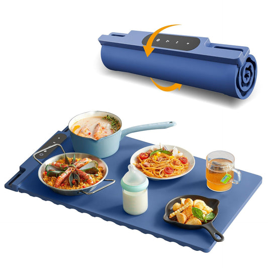 Blue 65x38CM Roll-Up Food Warming Silicone Mat with Precise Temprature Control & 240W High Power - Waterproof and Oilproof Thermal Table Pad.