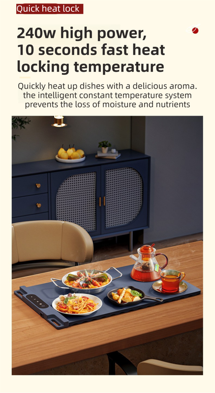 Blue 65x38CM Roll-Up Food Warming Silicone Mat with Precise Temprature Control & 240W High Power - Waterproof and Oilproof Thermal Table Pad.