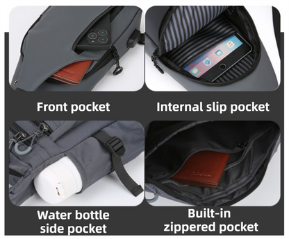 Grey Waterproof Unisex Chest Bag with USB Charging & Headphone Port  - 3-Layer Large Capacity PU Leather Crossbody Bag