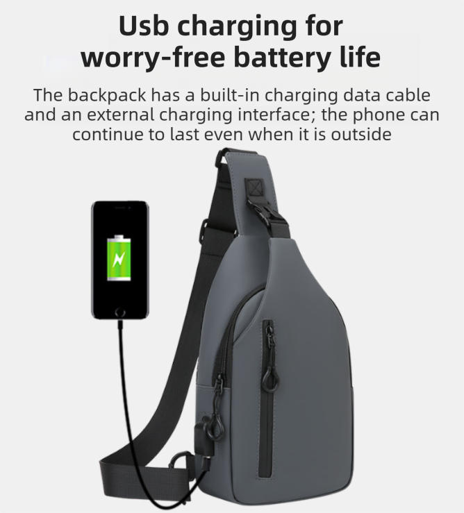 Grey Waterproof Unisex Chest Bag with USB Charging & Headphone Port  - 3-Layer Large Capacity PU Leather Crossbody Bag
