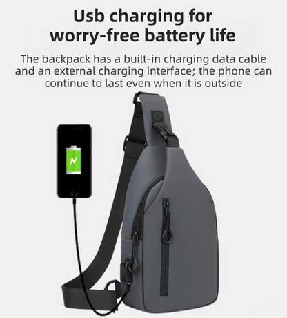 Grey Waterproof Unisex Chest Bag with USB Charging & Headphone Port  - 3-Layer Large Capacity PU Leather Crossbody Bag