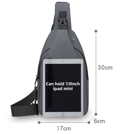 Grey Waterproof Unisex Chest Bag with USB Charging & Headphone Port  - 3-Layer Large Capacity PU Leather Crossbody Bag