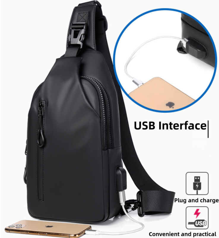 Black Water / Wrinkle-Resistant Nylon Men's Tactical Chest Bag with USB Charging Port - 4 Layer Large Capacity Crossbody Pack