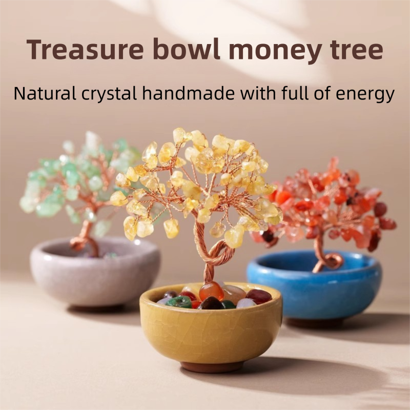 Natural Pink Crystal Money Tree with Fortune Basin & Adjustable Wire Branches - Desktop Feng Shui Decor for Wealth and Prosperity