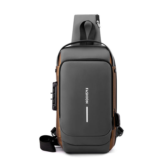 Grey Gold High Capacity Anti-Theft Tactical Chest Bag - Waterproof Leather-Film Sling with USB Charging & TSA Password Lock