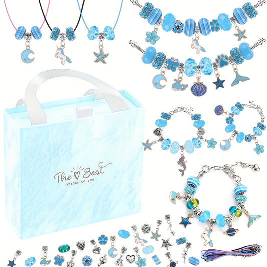 67PCS Blue DIY Charm Necklace & Bracelet Making Kit - Creative Jewelry Craft Set with Colorful Drip Oil Pendants & Metal Beads.