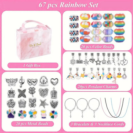 67PCS Blue DIY Charm Necklace & Bracelet Making Kit - Creative Jewelry Craft Set with Colorful Drip Oil Pendants & Metal Beads.