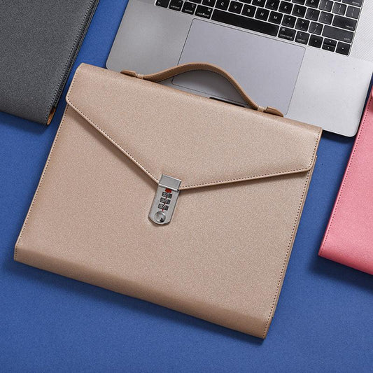 Champagne Anti-Theft Document Organizer with Secure Password Lock - Waterproof PU Leather Confidential File Bag.
