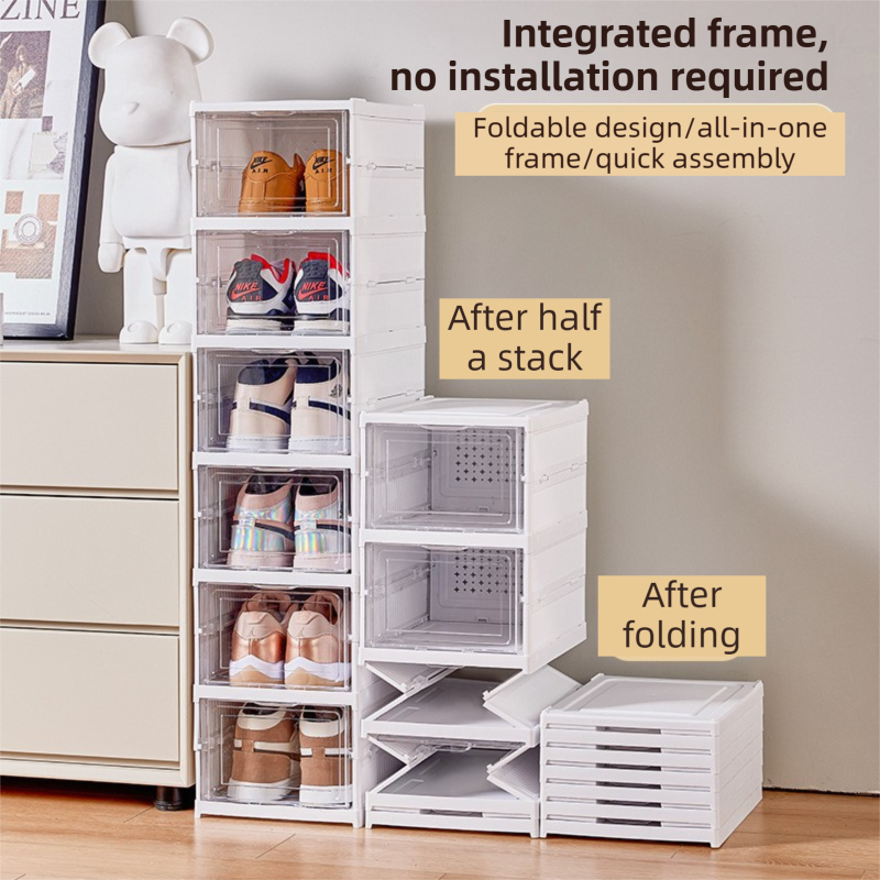 Transparent 3-Layer Foldable Shoe Storage Tower with Transparent Display Panel & Back Ventilation - One-Pull Instant Setup Stackable Box (25.5x34.5x52.5CM)