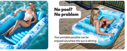 180x118CM Blue Deluxe Inflatable Suntan Tub & Floating Pool Lounger with Dual Integrated Cup Holders and Pillow - Portable Sunbathing Pool for Lawn & Water