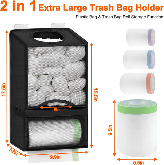 2-in-1 Black Kitchen Plastic Bag & Trash Bag Roll Dispenser(2 Pack) - Hanging Grocery & Produce Bag Organizer (17.5x9.9x5.8 inch)