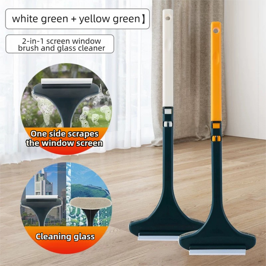 2-Pack 2-in-1 Professional Window Screen Brush & Glass Cleaner - Detachable Long-Handle Squeegee & Scrubber (White Green & Yellow Green).