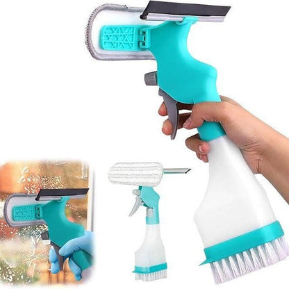 4-in-1 Versatile Window Cleaning Kit - All-in-One Spray, Squeegee, Brush, and Plush Scrubber.