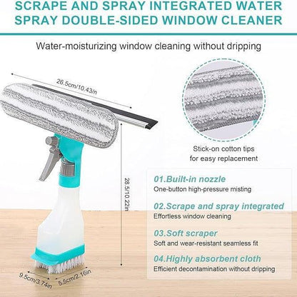 4-in-1 Versatile Window Cleaning Kit - All-in-One Spray, Squeegee, Brush, and Plush Scrubber.