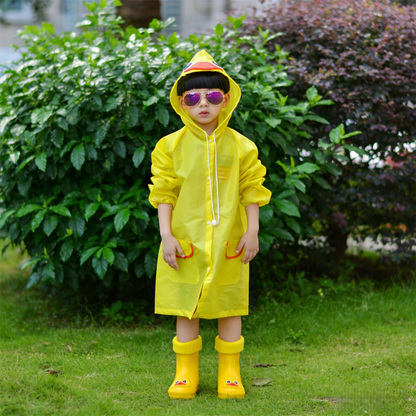 Kids Cartoon Rain Gear Set - Eco-Friendly Odorless Yellow Duck Raincoat & Matching 16cm Duck Rain Boots with Detachable Warm Cotton Liner.
