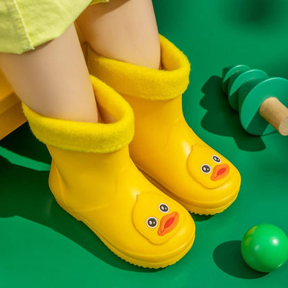 Kids Cartoon Rain Gear Set - Eco-Friendly Odorless Yellow Duck Raincoat & Matching 16cm Duck Rain Boots with Detachable Warm Cotton Liner.
