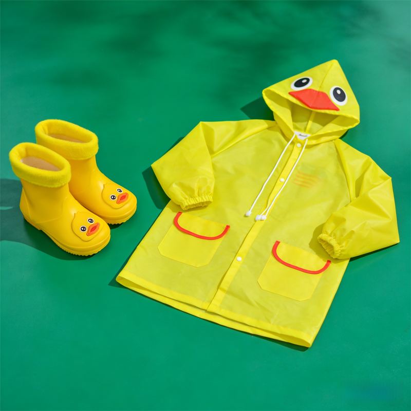 Kids Cartoon Rain Gear Set - Eco-Friendly Odorless Yellow Duck Raincoat & Matching 18cm Duck Rain Boots with Detachable Warm Cotton Liner.