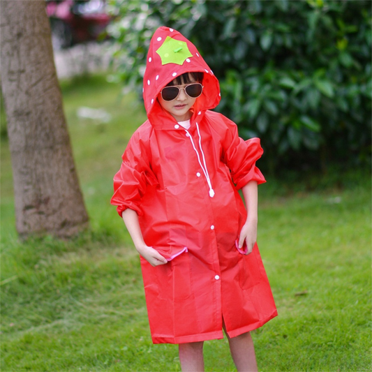 Red Strawberry Kids Cartoon Animal Raincoat - Waterproof Hooded Rain Poncho for Toddlers & Students (90-130CM Height).