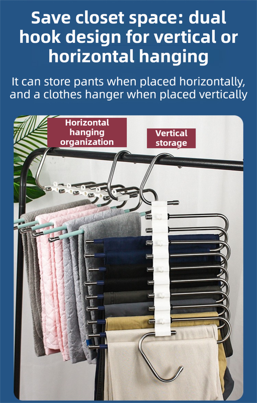 5-Tier Sliver Stainless Steel Pants Rack and 10-Pack Magic Cascading Hangers Set - Space-Saving Closet Organizer Kit