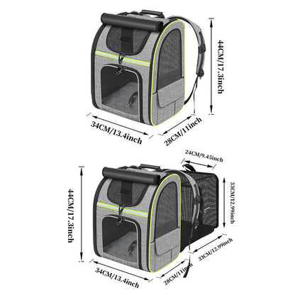 Grey and Green Large Expandable Cat Travel Backpack - Breathable & Collapsible Pet Carrier 62x34x43CM