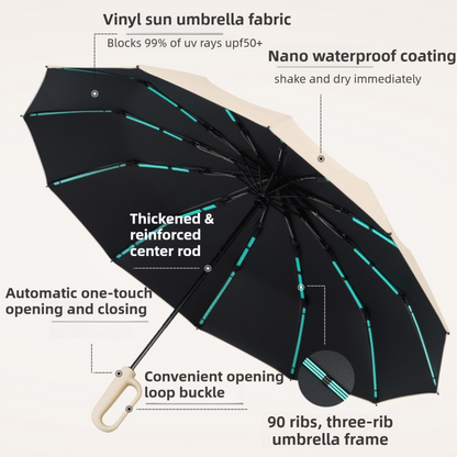 Black Heavy Duty Fully Automatic Carabiner Umbrella with Integrated Hook Handle (Diameter 116CM) - Ultra Windproof and UV Protective Sun & Rain Umbrella