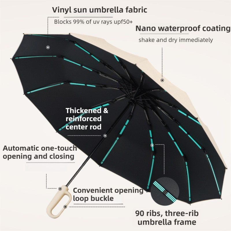 Grey Heavy Duty Fully Automatic Carabiner Umbrella with Integrated Hook Handle (Diameter 116CM) - Ultra Windproof and UV Protective Sun & Rain Umbrella