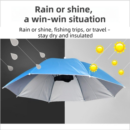Haze Blue Foldable Sun & Rain Umbrella Hat (Diameter 69CM) - 99% UV Potective and Wind/Rainproof Fishing Umbrella with Elastic Headband