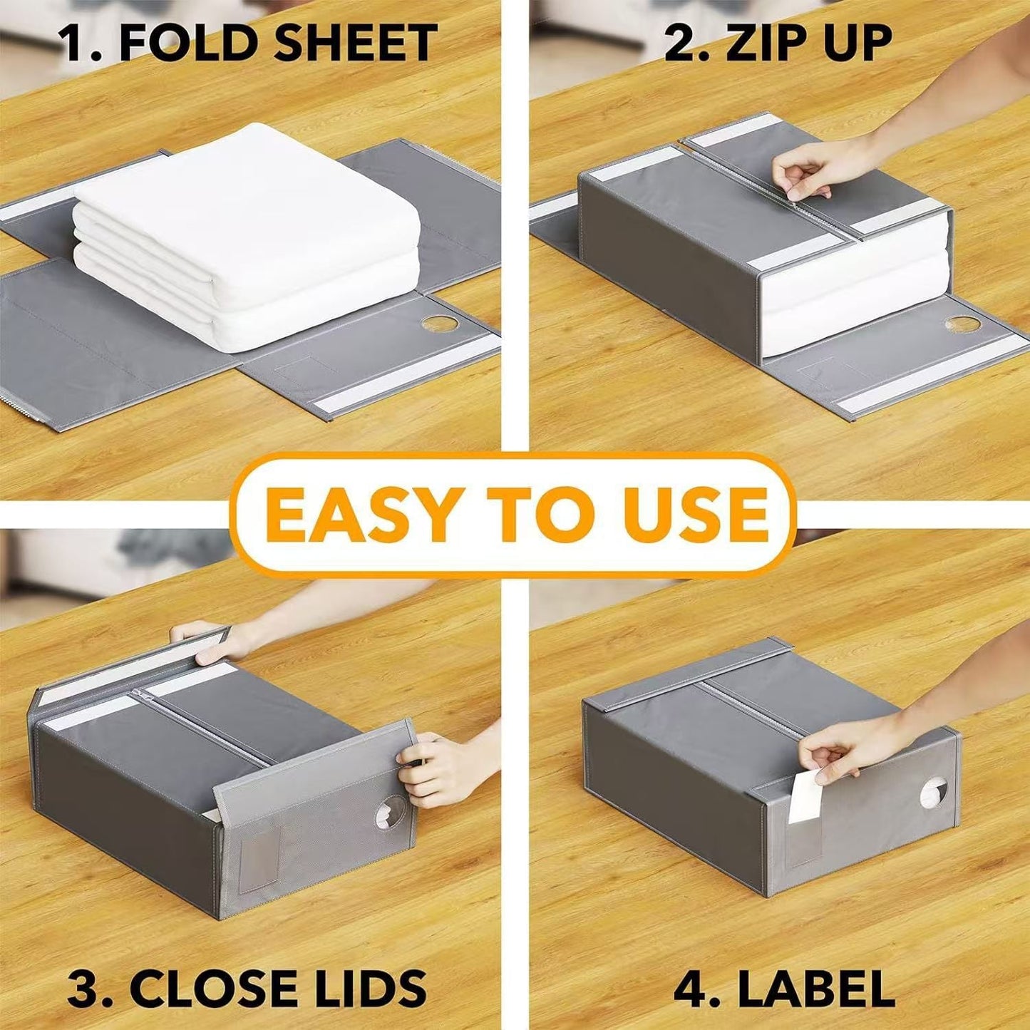 2-Pack Beige Foldable Bed Sheet Set Organizer with Clear Window, Zipper & Flip Lid - Home Wardrobe Bin for Blankets and Clothes (38x32.5x12.5CM)