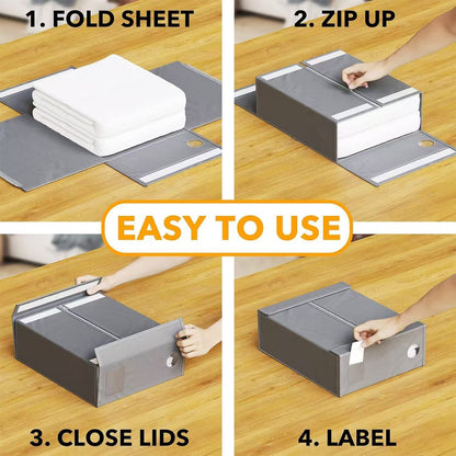 2-Pack Beige Foldable Bed Sheet Set Organizer with Clear Window, Zipper & Flip Lid - Home Wardrobe Bin for Blankets and Clothes (38x32.5x12.5CM)