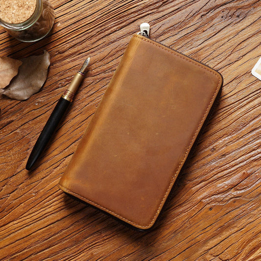 Brown Genuine Crazy Horse Leather Fountain Pen Case Zippered Organiser Pouch with 5 Elastic Loops & Mesh Pocket Vintage Stationery Holder