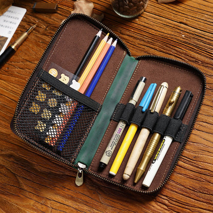 Brown Genuine Crazy Horse Leather Fountain Pen Case Zippered Organiser Pouch with 5 Elastic Loops & Mesh Pocket Vintage Stationery Holder
