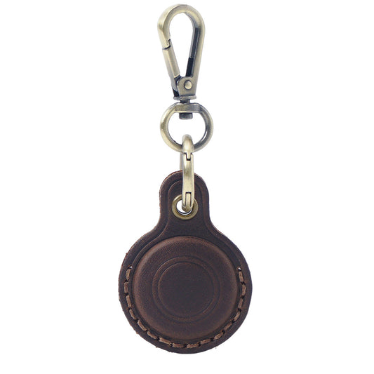 Coffee Genuine Crazy Horse Leather Case for Apple AirTag Protective Tracker Holder Keychain with Metal Clip Anti-Lost Fob for Keys Pets Luggage