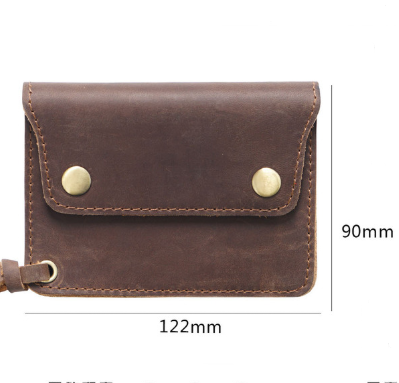 Black Handmade Crazy Horse Leather Wallet Vintage Coin Purse Zipper Card Holder with Strap Snap Closure Top Layer Cowhide 12cm