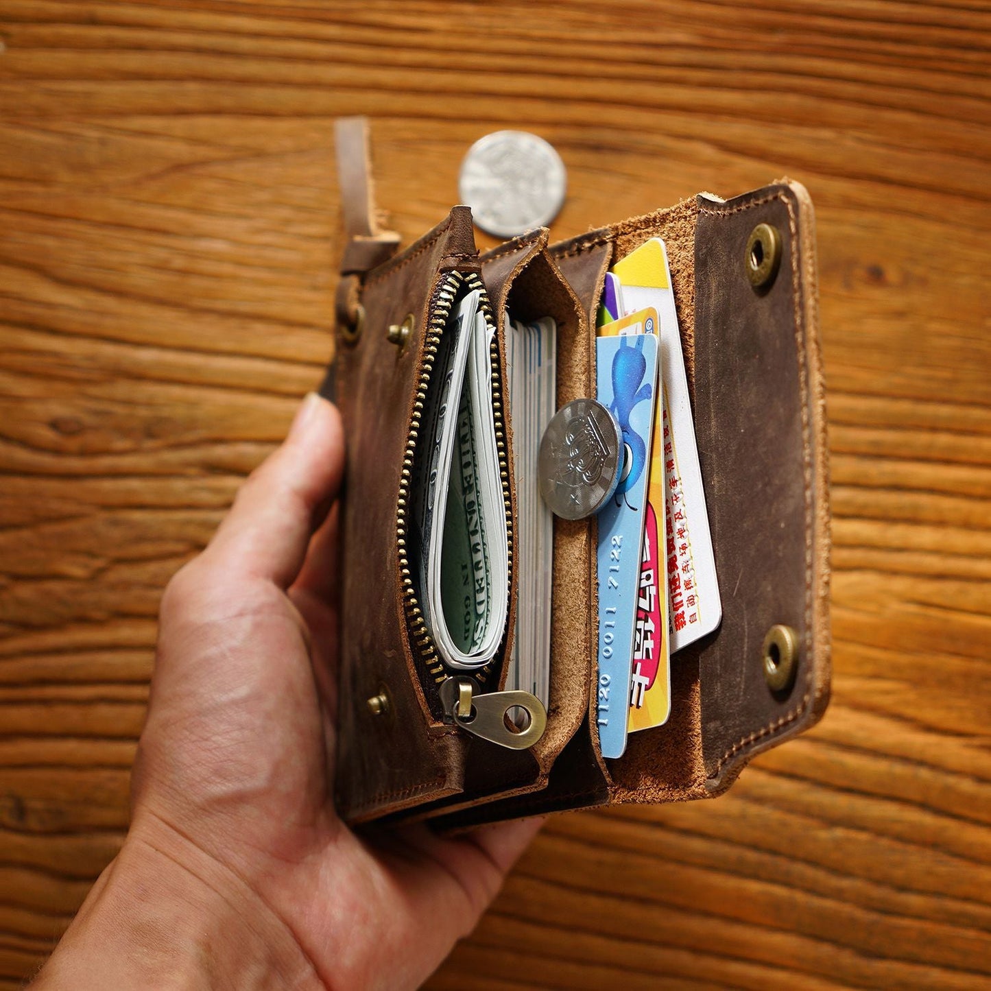 Coffee Handmade Crazy Horse Leather Wallet Vintage Coin Purse Zipper Card Holder with Strap Snap Closure Top Layer Cowhide 12cm