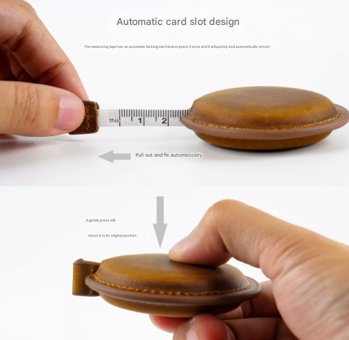 Brown Carved Design Handmade Crazy Horse Leather Retractable Tape Measure Keychain Dual Sided Scale 150cm/60" Mini Pocket Ruler for Sewing & Body Measuring