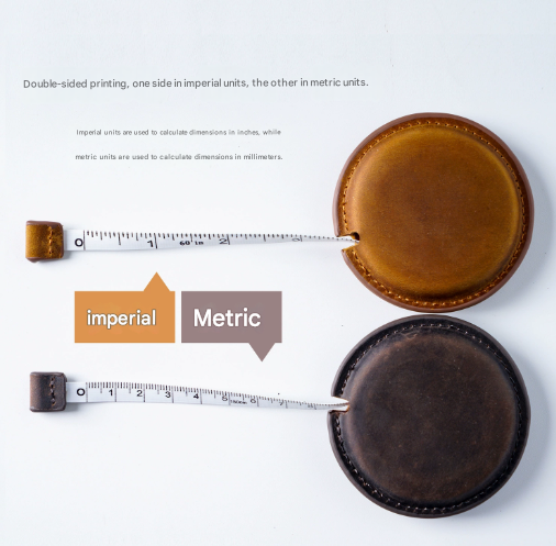 Brown Carved Design Handmade Crazy Horse Leather Retractable Tape Measure Keychain Dual Sided Scale 150cm/60" Mini Pocket Ruler for Sewing & Body Measuring