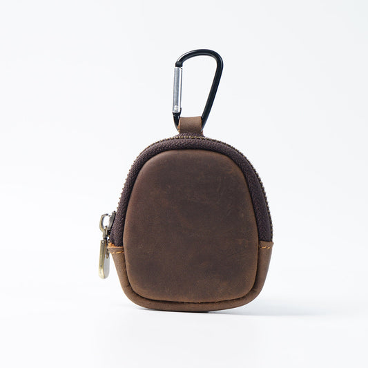 Coffee Genuine Crazy Horse Leather Mini Coin Purse Zipper Shell Pouch Small Earphone Case Key Holder with Carabiner Clip 8.5cm for Travel
