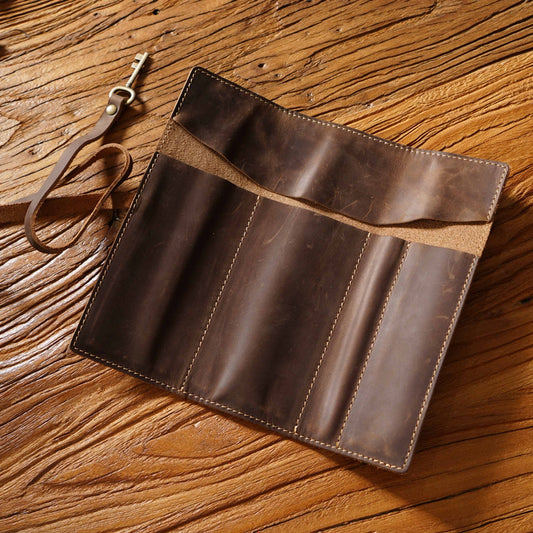 Coffee Genuine Crazy Horse Leather Pencil Roll Case Vintage Pen Wrap Stationery Organiser Pouch with Strap & Charm 4 Slots for Artists