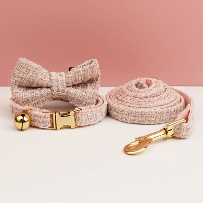 L Pink Elegant Tweed Pet Collar and Leash Set - Adjustable Cat and Small Dog Collar with Removable Bow Tie and Gold Bell
