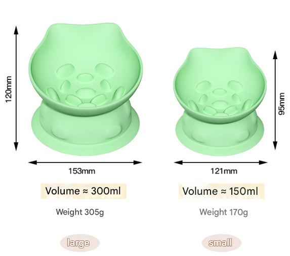 S Green 2-Piece Elevated Silicone Pet Bowl Set - Slanted Neck Protection Cat Bowl with Anti-Slip Suction Base for Cats and Small Dogs