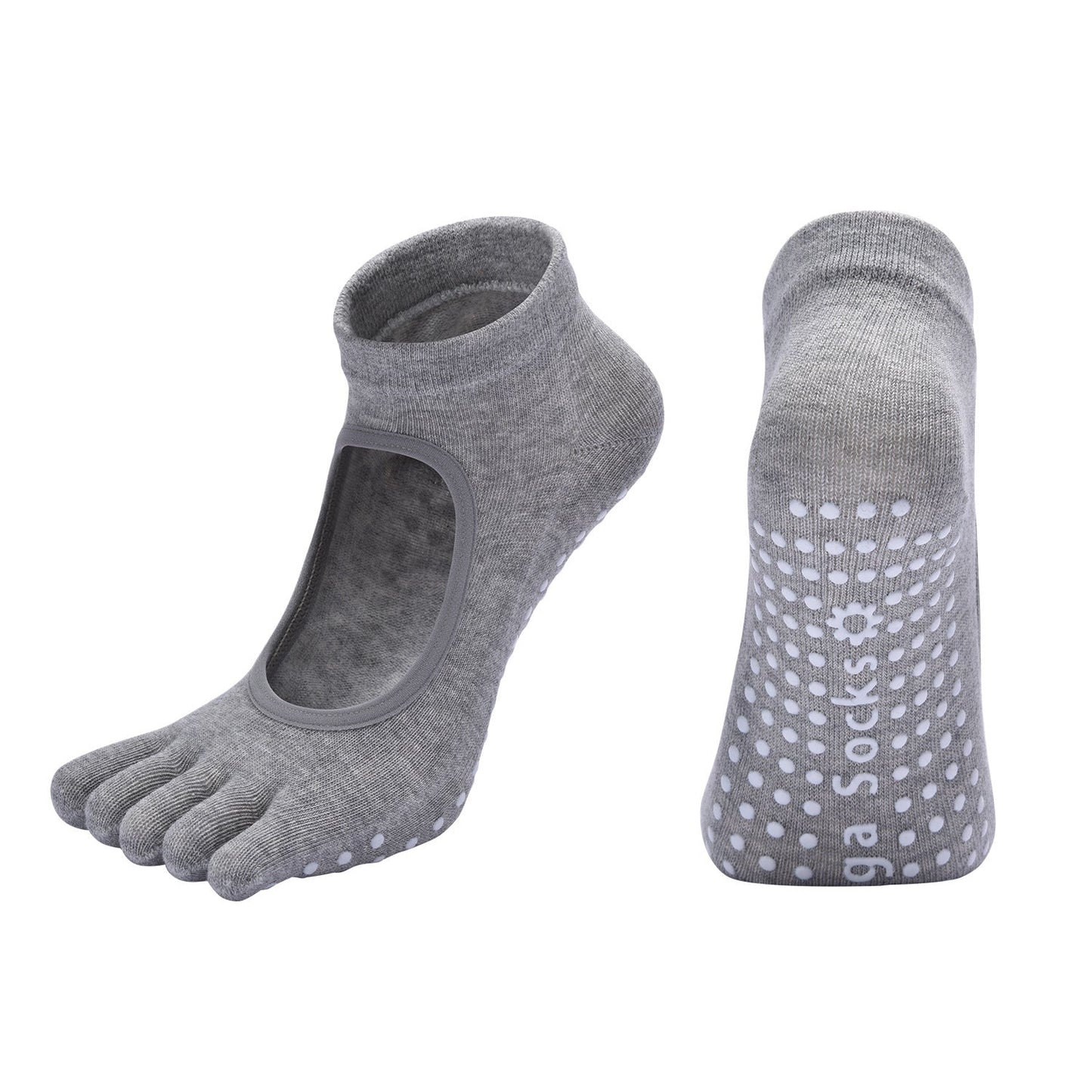 Light Grey 3-Pack Women's Non-Slip Five-Finger Yoga Socks - Open Back Combed Cotton Pilates & Fitness Grip Socks for Professional Exercise.