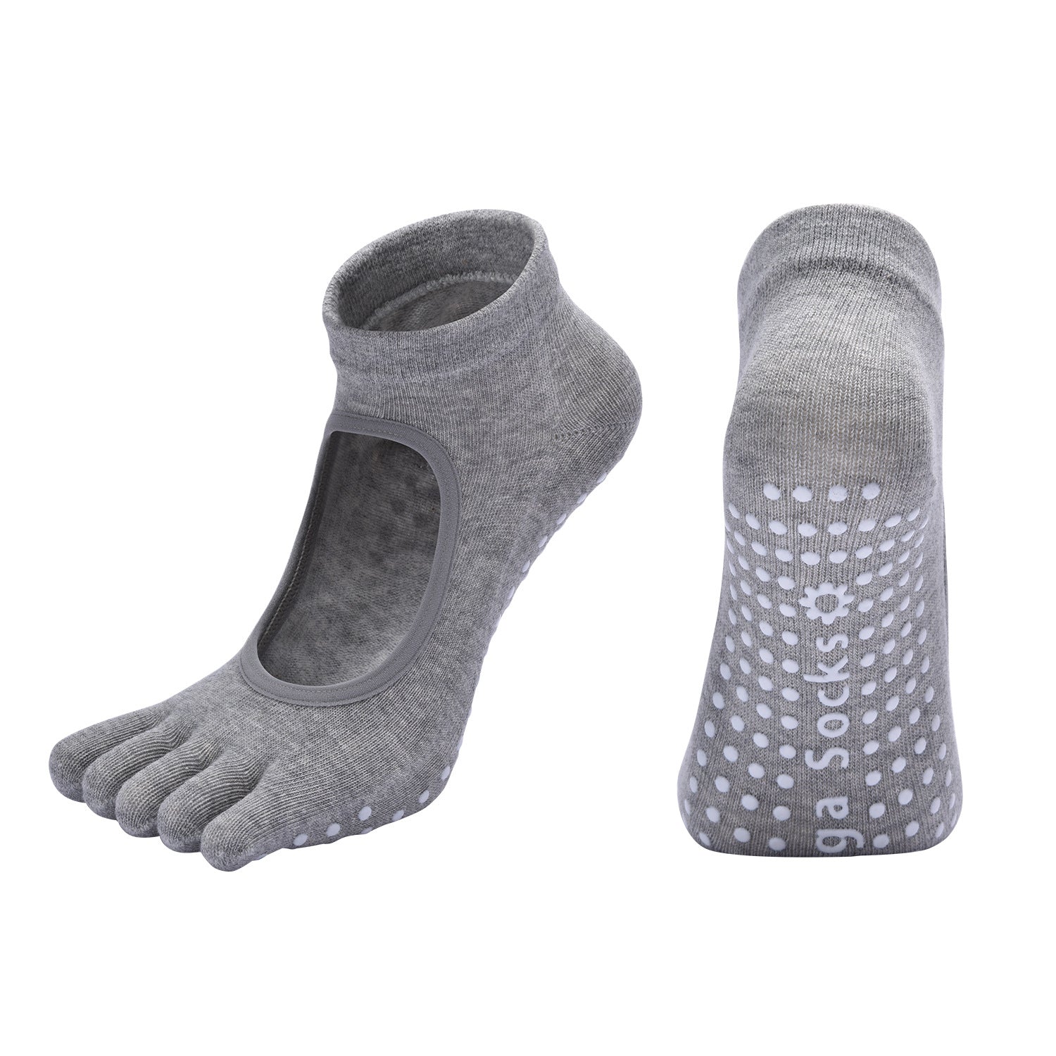 Light Grey 3-Pack Women's Non-Slip Five-Finger Yoga Socks - Open Back Combed Cotton Pilates & Fitness Grip Socks for Professional Exercise.